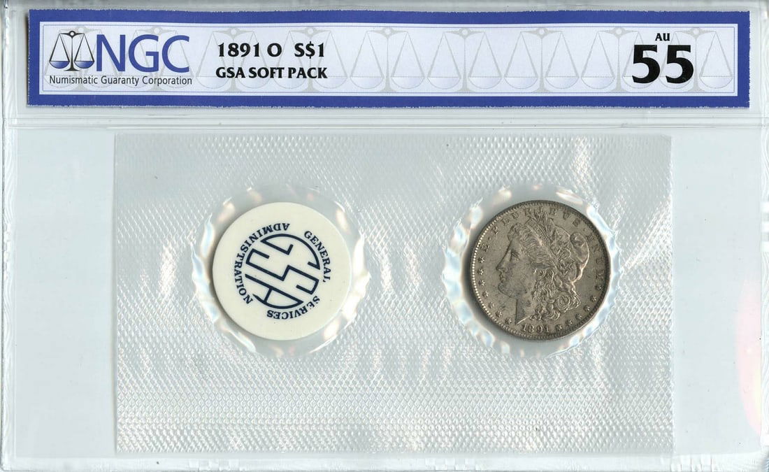 NGC AU55 1891-O Morgan Silver Dollar Soft Pack New Orleans Mint: NGC AU55 1891-O Morgan Silver Dollar Soft Pack New Orleans Mint This is an 1891-O Morgan Dollar in a GSA soft pack, graded AU55 by NGC. The coin was minted in New Orleans and features the classic Morg