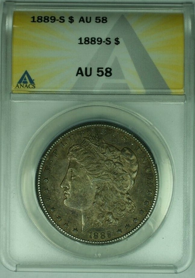 ANACS AU-58 1889-S Morgan Dollar San Francisco Mint Silver Coin: ANACS AU-58 1889-S Morgan Dollar San Francisco Mint Silver Coin This is an 1889-S Morgan Silver Dollar graded AU-58 by ANACS. Minted in San Francisco, this circulated coin is composed of 90% silver an