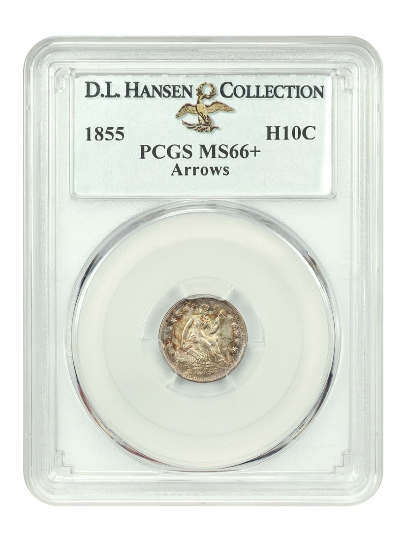 1855 H10C PCGS MS66+ Liberty Seated Half Dime with Multicolor Toning: 1855 H10C PCGS MS66+ Liberty Seated Half Dime with Multicolor Toning This 1855 H10C PCGS MS66+ (Arrows) is an exquisite example of the Liberty Seated Half Dime, renowned for its rarity in gem and abov