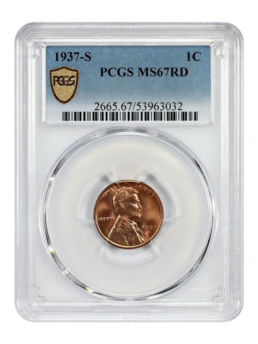 PCGS MS67RD 1937 San Francisco Lincoln Wheat Cent 1C: PCGS MS67RD 1937 San Francisco Lincoln Wheat Cent 1C This is a 1937-S Lincoln Cent featuring the Wheat Reverse, graded MS67RD by PCGS. The coin was minted in San Francisco and is classified as uncircu