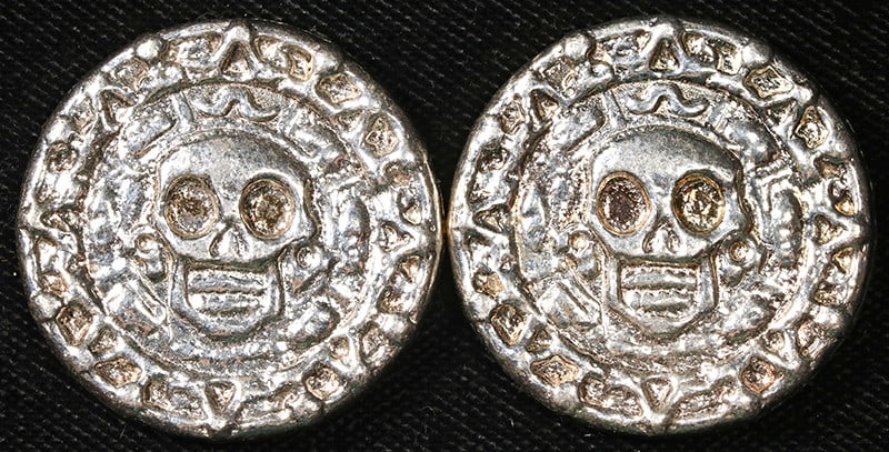 Set of 2 Yeager 50g .999 Silver Rounds Skull Motif (1 of 2)