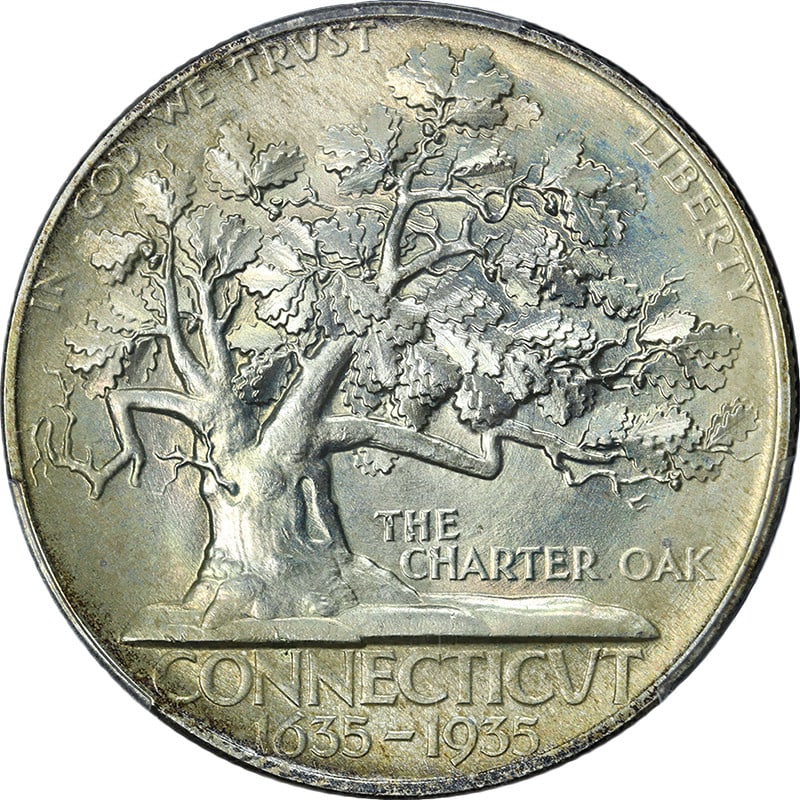 PCGS MS67 1935 Connecticut Silver Commemorative Half Dollar Strong Strike: PCGS MS67 1935 Connecticut Silver Commemorative Half Dollar Strong Strike This 1935 Connecticut Commemorative Half Dollar is certified by PCGS with a grade of MS67. The coin is uncirculated and compos