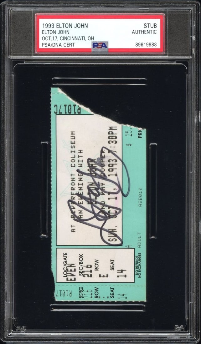Elton John Signed Ticket Stub PSA/DNA Authenticated Oct 17 1993 Cincinnati: Elton John Signed Ticket Stub PSA/DNA Authenticated Oct 17 1993 Cincinnati This is an original, slabbed ticket stub from the Elton John concert held on October 17, 1993, in Cincinnati. The ticket feat
