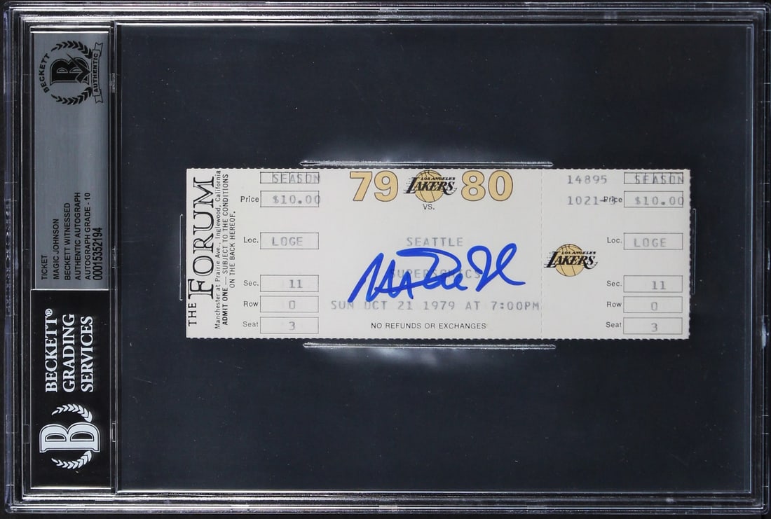 Magic Johnson Signed 1979 Lakers vs Supersonics Ticket Stub Gem Mint 10 Beckett Auth: Magic Johnson Signed 1979 Lakers vs Supersonics Ticket Stub Gem Mint 10 Beckett Auth This collectible ticket stub from the iconic game on October 21, 1979, features the Los Angeles Lakers versus the S