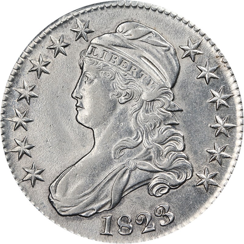 1823 Silver Capped Bust Half Dollar AU or BU 0-105 R.1 Attractive Luster: 1823 Silver Capped Bust Half Dollar AU or BU 0-105 R.1 Attractive Luster This 1823 Capped Bust Half Dollar features a bright white appearance with impressive luster and a strong strike. The coin is gr