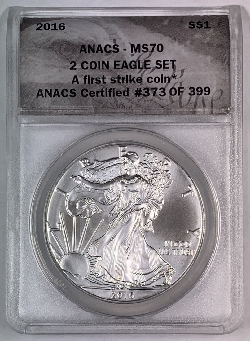 Five 2016 Silver Eagle Dollars ANACS MS 70 First Strike Certified (1 of 2)