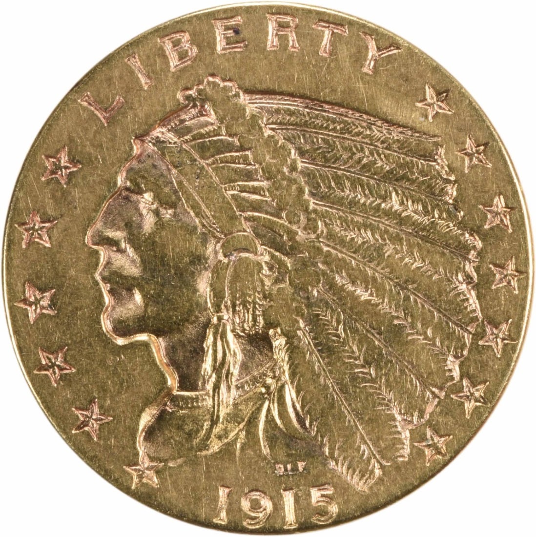 1915 $2.50 Gold Indian Coin by Bela Lyon Pratt EF Uncertified: 1915 $2.50 Gold Indian Coin by Bela Lyon Pratt EF Uncertified This 1915 $2.50 Gold Indian coin features exquisite craftsmanship with a design by Bela Lyon Pratt. The coin is circulated and has been gr