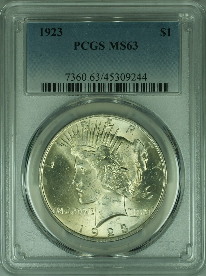PCGS MS-63 1923 Peace Silver Dollar Uncirculated Philadelphia Mint: PCGS MS-63 1923 Peace Silver Dollar Uncirculated Philadelphia Mint This is a 1923 Peace Silver Dollar, certified by PCGS with a grade of MS-63. Minted in Philadelphia, this uncirculated coin is compos