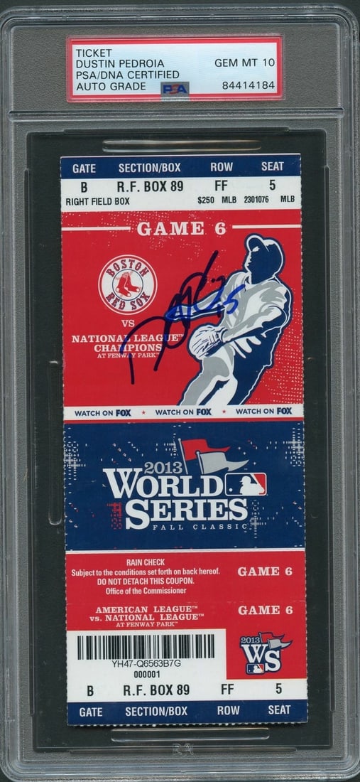Dustin Pedroia 2013 World Series Game 6 Signed Ticket PSA 10: Dustin Pedroia 2013 World Series Game 6 Signed Ticket PSA 10 This is a 2013 WORLD SERIES Game 6 ticket autographed by Dustin Pedroia, a celebrated player of the Boston Red Sox. The signature has been