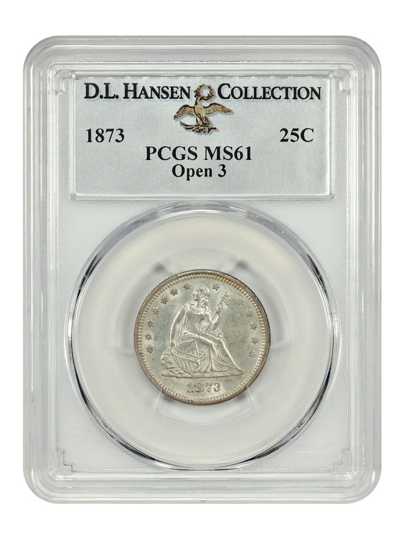 1873 Liberty Seated Quarter 25C PCGS MS61 D.L. Hansen Low Mintage: 1873 Liberty Seated Quarter 25C PCGS MS61 D.L. Hansen Low Mintage This stunning 1873 Liberty Seated Quarter is graded MS61 by PCGS, showcasing its uncirculated condition. With a relatively low mintage