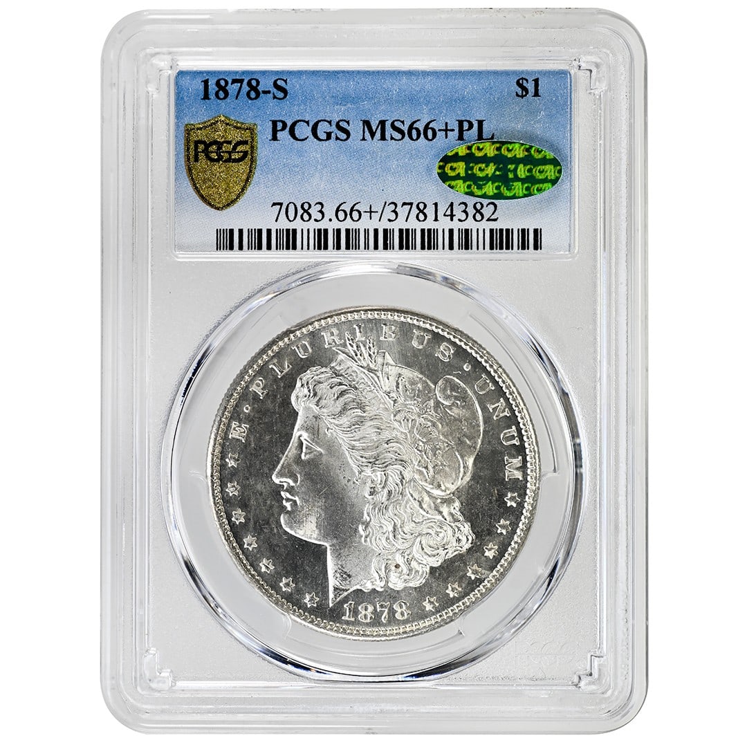 PCGS MS66+PL CAC 1878-S Morgan Silver Dollar San Francisco Mint: PCGS MS66+PL CAC 1878-S Morgan Silver Dollar San Francisco Mint This is an 1878-S $1 Morgan Dollar, graded MS66+PL by PCGS and certified by CAC. Struck in silver at the San Francisco Mint, this uncirc