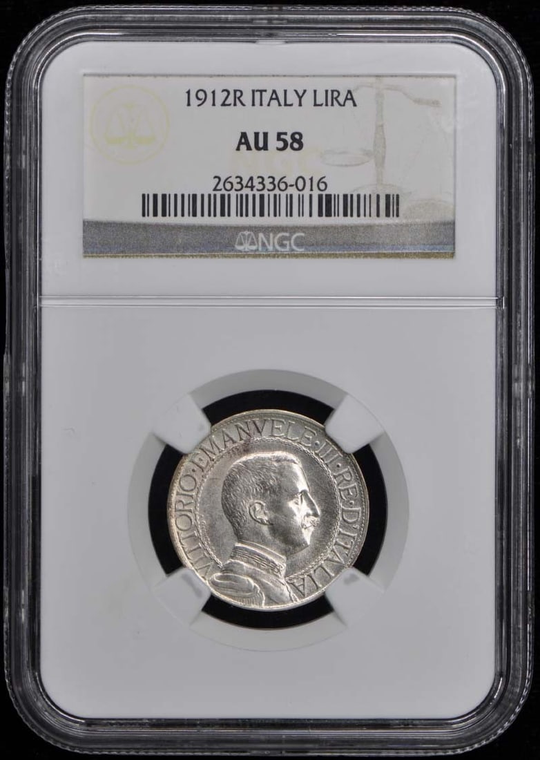 1912 Italy Lira Coin NGC AU58 Certified Collectible: 1912 Italy Lira Coin NGC AU58 Certified Collectible This 1912 Italy Lira coin is certified by NGC and graded AU58, indicating its high quality and collectible value. It is a circulated piece, showcasi