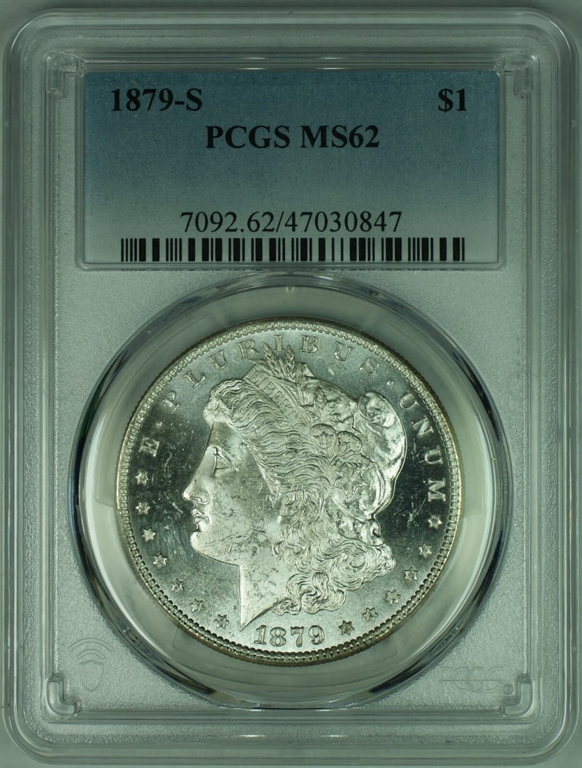 PCGS MS-62 1879-S Morgan Dollar Semi Prooflike San Francisco Silver $1 Coin: PCGS MS-62 1879-S Morgan Dollar Semi Prooflike San Francisco Silver $1 Coin This 1879-S Morgan Silver Dollar features semi proof-like surfaces and is certified by PCGS with a grade of MS-62. Struck at