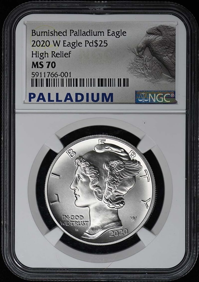 NGC MS70 2020 W High Relief Palladium $25 Eagle Coin: NGC MS70 2020 W High Relief Palladium $25 Eagle Coin This is a 2020 W Eagle High Relief $25 palladium coin, certified by NGC with a grade of MS70. The coin is in pre-owned condition and includes the s