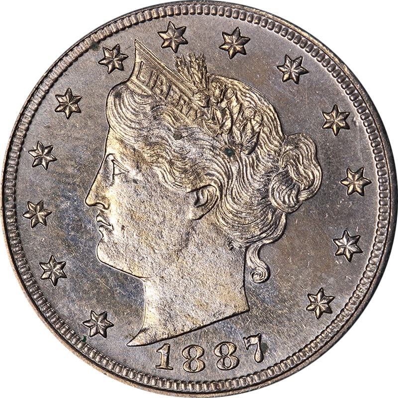 1887 Liberty V Nickel Proof Uncirculated Nice PR Strong Eye Appeal: 1887 Liberty V Nickel Proof Uncirculated Nice PR Strong Eye Appeal This 1887 Liberty V Nickel Proof showcases impressive eye appeal, highlighted by its fantastic luster and strong strike. The coin fea