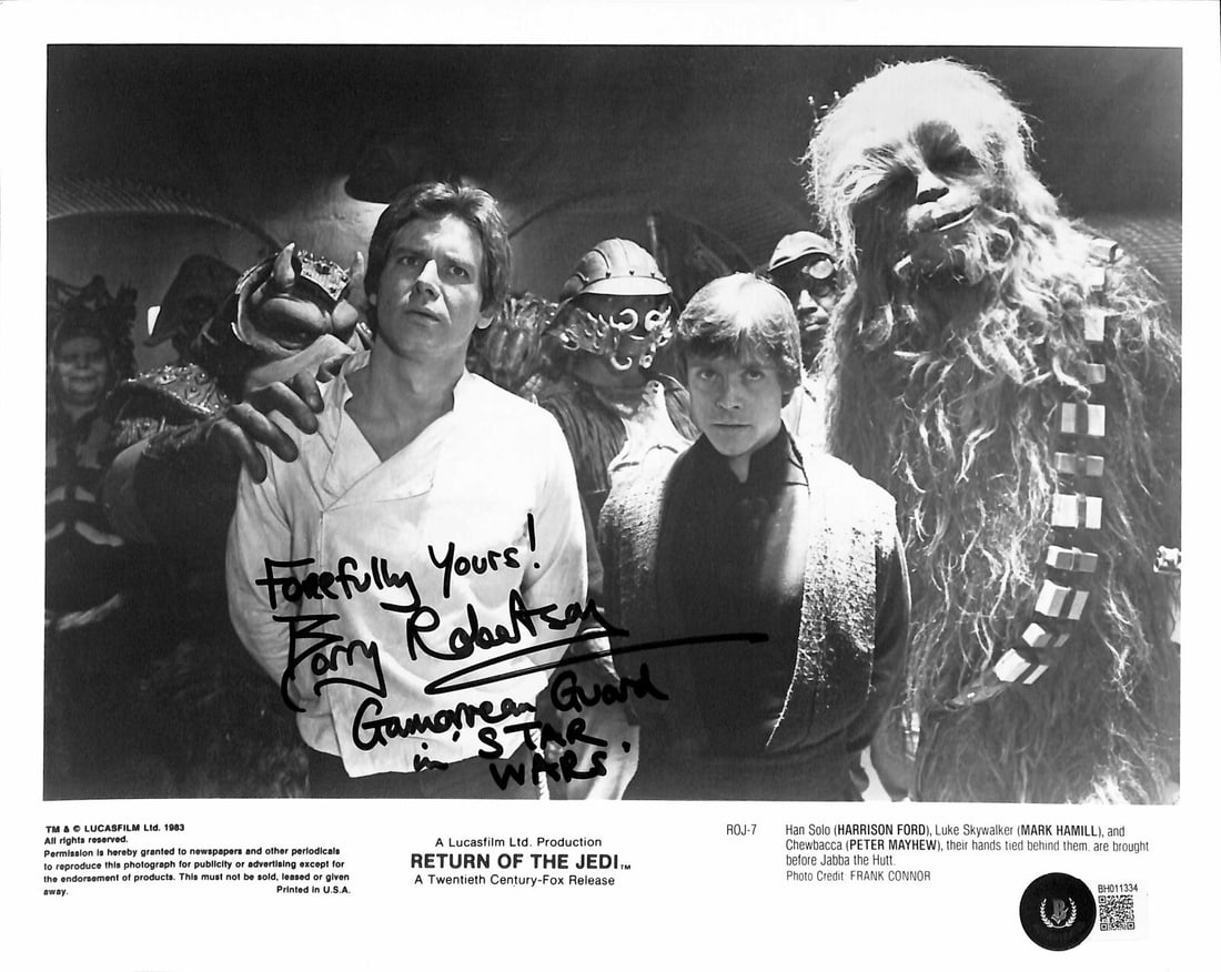 Signed 8x10 Barry Robertson Photo as Gamorrean Guard Star Wars Beckett Authenticated: Signed 8x10 Barry Robertson Photo as Gamorrean Guard Star Wars Beckett Authenticated This is an original 8x10 inch color photograph signed by Barry Robertson, who portrayed a Gamorrean Guard in Star W