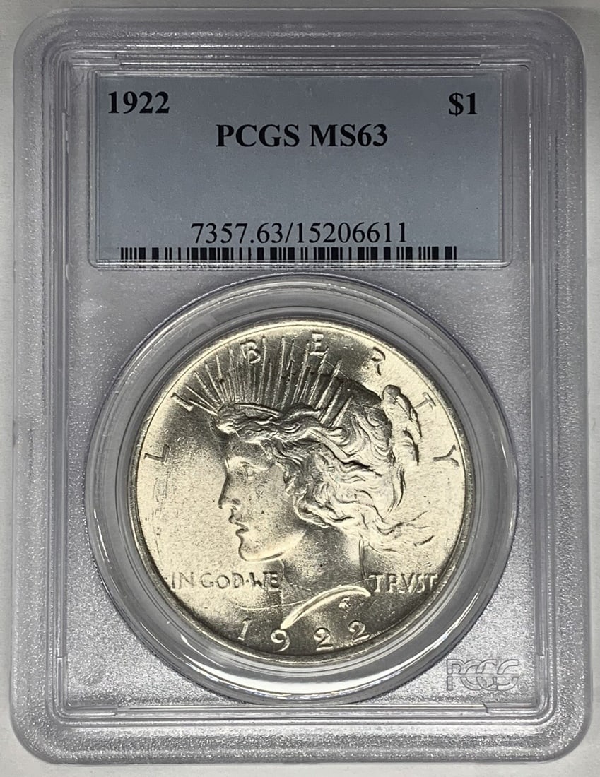 PCGS MS 63 1922 Peace Dollar Silver Coin Certified Uncirculated: PCGS MS 63 1922 Peace Dollar Silver Coin Certified Uncirculated This 1922 Peace Silver Dollar is an uncirculated coin graded MS 63 by PCGS. It features the classic Peace design and is composed of silv