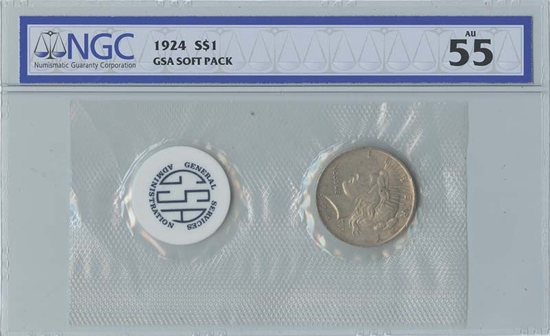 1924 Peace Dollar NGC AU55 Certified GSA Soft Pack: 1924 Peace Dollar NGC AU55 Certified GSA Soft Pack This 1924 Peace Dollar is graded AU55 by NGC, indicating its high level of preservation despite being circulated. Minted in Philadelphia, this classi