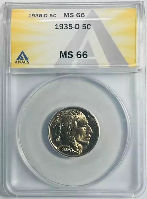 1935 D Buffalo Nickel ANACS MS 66 Uncirculated Denver Mint: 1935 D Buffalo Nickel ANACS MS 66 Uncirculated Denver Mint This 1935 D Buffalo Nickel is graded MS-66 by ANACS, reflecting its excellent condition and nice luster. A remarkable piece for any collectio