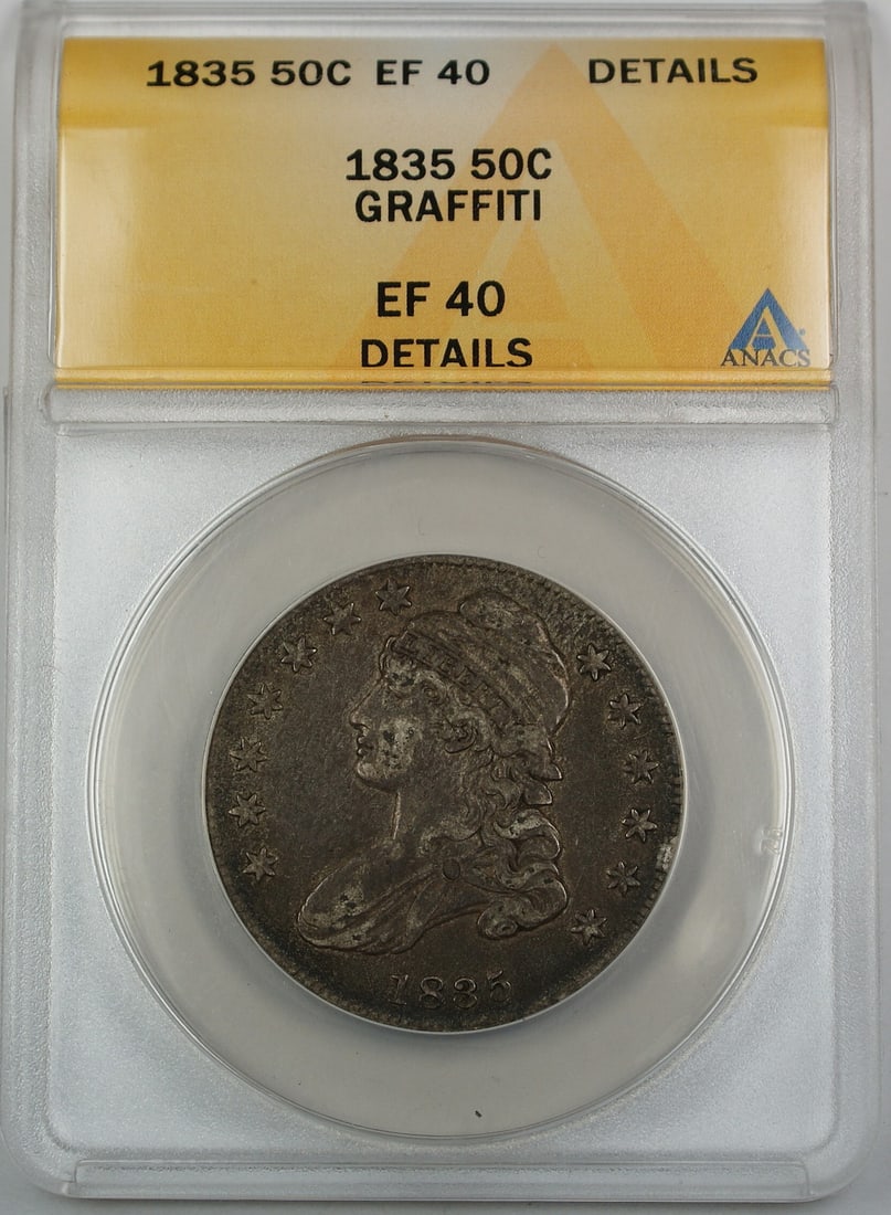 1835 Capped Bust Half Dollar Silver 50C ANACS EF-40 Details Graffiti WTK: 1835 Capped Bust Half Dollar Silver 50C ANACS EF-40 Details Graffiti WTK This 1835 Capped Bust Silver Half Dollar features a denomination of 50 cents and was minted in Philadelphia. Certified by ANACS