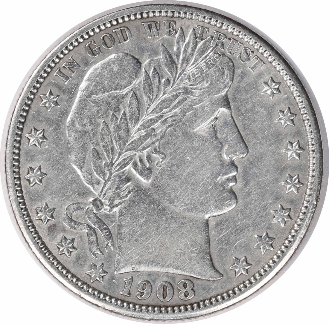 1908 Barber Half Dollar 50C Uncertified Silver Coin XF: 1908 Barber Half Dollar 50C Uncertified Silver Coin XF This 1908 Barber Silver Half Dollar is a classic piece of numismatic history. Designed by Charles E. Barber, this coin features a stunning repres