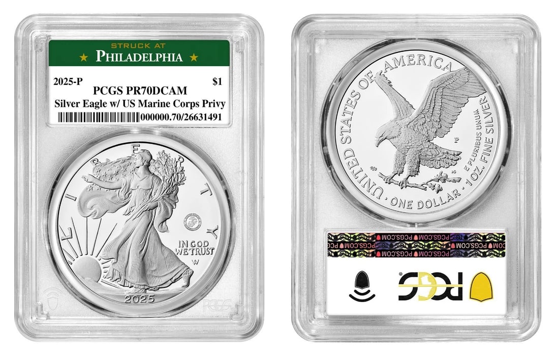 2025-P PR70 Proof American Silver Eagle U.S. Marine Privy PCGS: 2025-P PR70 Proof American Silver Eagle U.S. Marine Privy PCGS This 2025 Proof American Silver Eagle coin features the U.S. Marine Privy and is composed of .999 fine silver. Graded PR 70 by PCGS, this