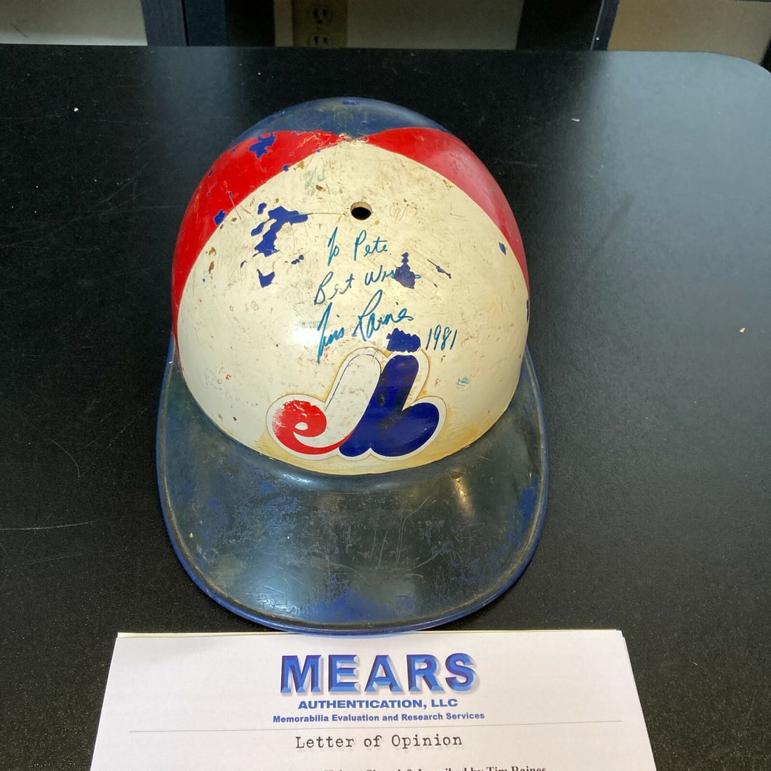 1981 Tim Raines Signed Game Used Expos Helmet JSA MEARS COA: 1981 Tim Raines Signed Game Used Expos Helmet JSA MEARS COA This authentic 1981 vintage game-used baseball helmet was worn by the Montreal Expos and is signed by the legendary player Tim Raines. While