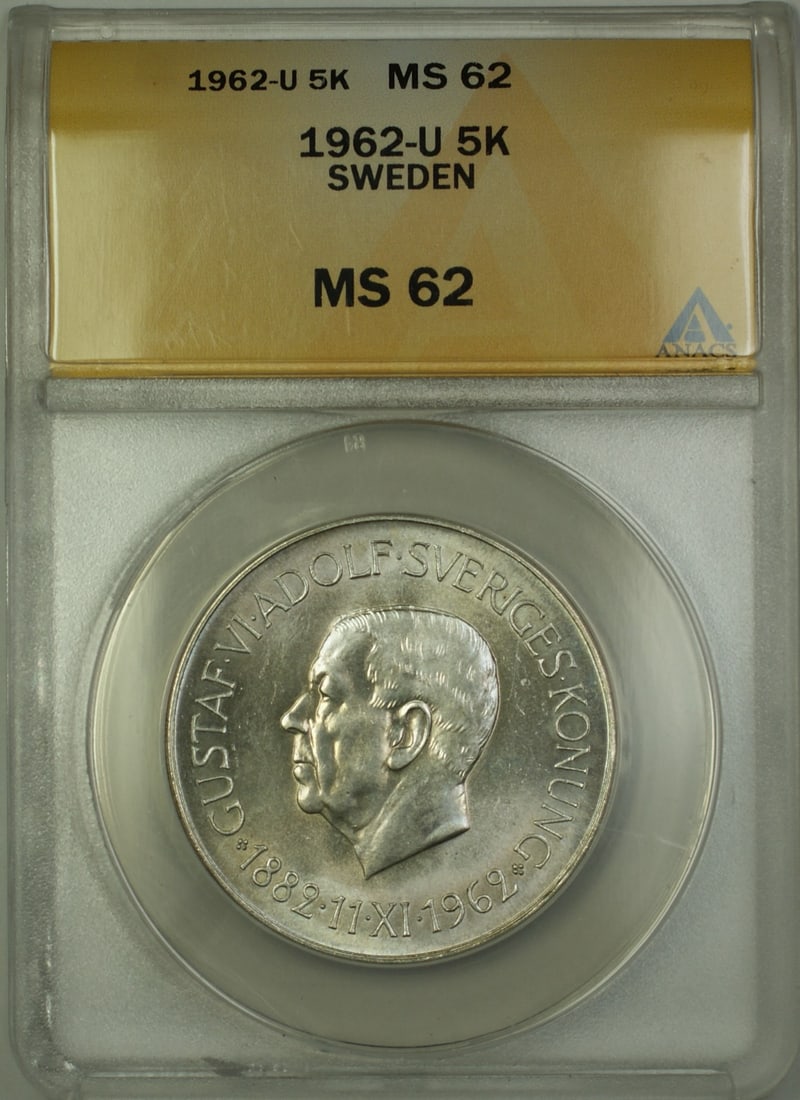 Sweden 1962-U Silver 5 Kroner Coin ANACS MS 62 Certified: Sweden 1962-U Silver 5 Kroner Coin ANACS MS 62 Certified This is a 1962-U Sweden 5 Kroner coin composed of silver, certified by ANACS with a grade of MS-62. This pre-owned collectible coin represents