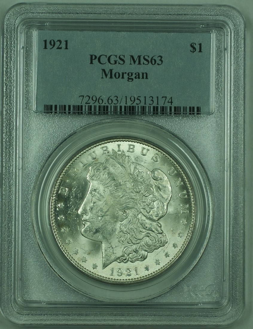 1921 $1 Morgan Silver Dollar PCGS MS63 Certified Uncirculated Coin: 1921 $1 Morgan Silver Dollar PCGS MS63 Certified Uncirculated Coin This 1921 Morgan Silver Dollar is an uncirculated $1 coin from the United States, graded MS-63 by PCGS. Minted in Philadelphia, it fe