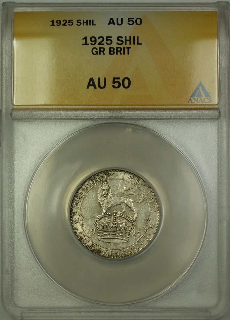 ANACS AU 50 Silver Shilling Coin United Kingdom 1925: ANACS AU 50 Silver Shilling Coin United Kingdom 1925 This 1925 Great Britain silver shilling coin is graded AU-50 by ANACS. It is a circulated coin composed of silver and originates from the United Ki