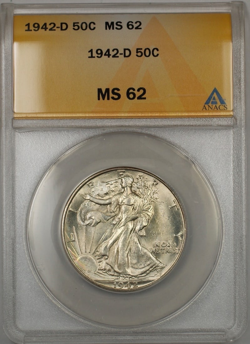 ANACS MS 62 1942-D Silver Walking Liberty Half Dollar from Denver Mint: ANACS MS 62 1942-D Silver Walking Liberty Half Dollar from Denver Mint This 1942-D Walking Liberty Silver Half Dollar is certified by ANACS with a grade of MS 62. Struck at the Denver Mint, this uncir