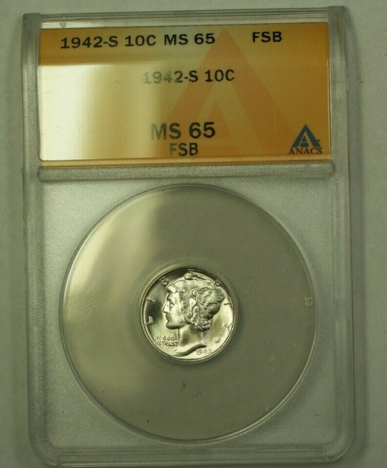 ANACS MS-65 FSB 1942-S Mercury Dime Silver Coin San Francisco Mint: ANACS MS-65 FSB 1942-S Mercury Dime Silver Coin San Francisco Mint This is a 1942-S Mercury Dime from the United States, minted in San Francisco. The coin is composed of silver and is certified by ANA