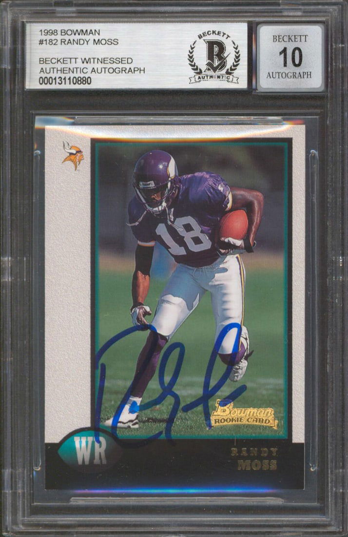 Randy Moss Signed 1998 Bowman Rookie Card Gem Mint 10 BAS Slabbed Vikings: Randy Moss Signed 1998 Bowman Rookie Card Gem Mint 10 BAS Slabbed Vikings This is a 1998 Bowman #182 Rookie Card featuring a bold autograph from NFL legend Randy Moss. Graded as Gem Mint 10 by Beckett