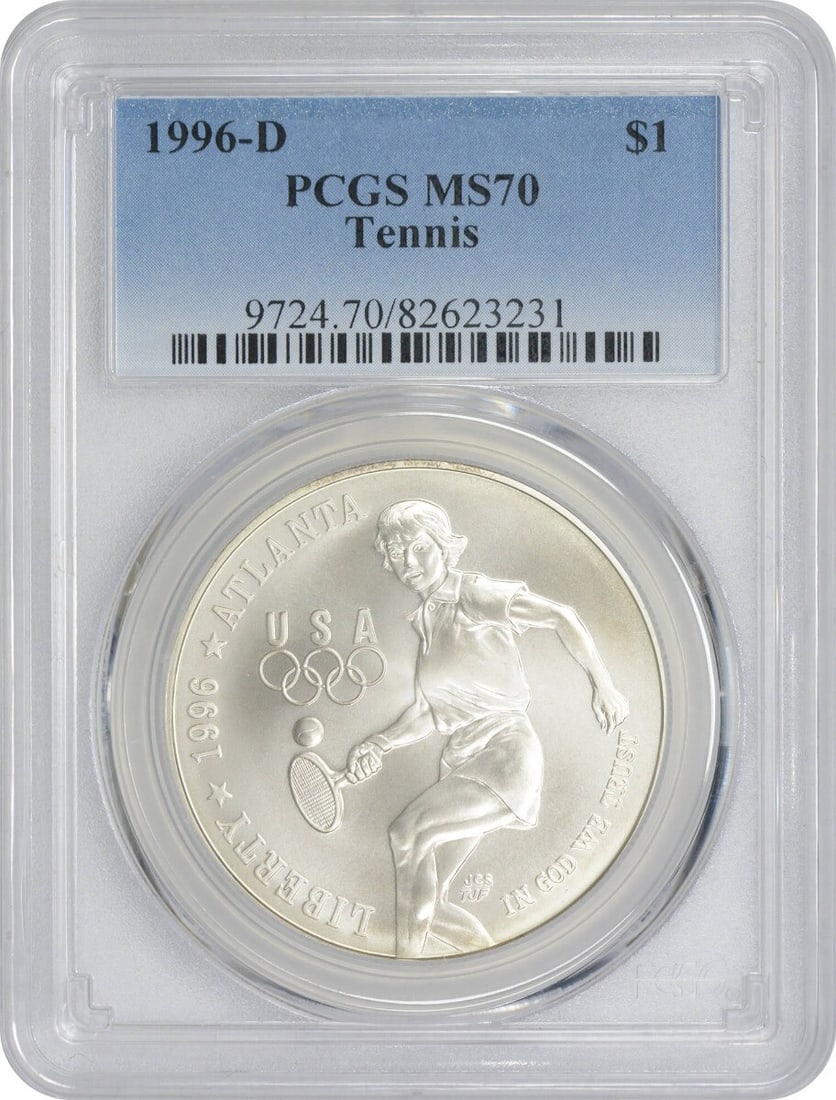 1996-D Tennis Olympic Silver Dollar MS70 PCGS Commemorative Coin: 1996-D Tennis Olympic Silver Dollar MS70 PCGS Commemorative Coin This 1996-D Tennis Olympic Silver Commemorative Dollar is a stunning collectible coin, certified by PCGS with a perfect MS70 grade. Str