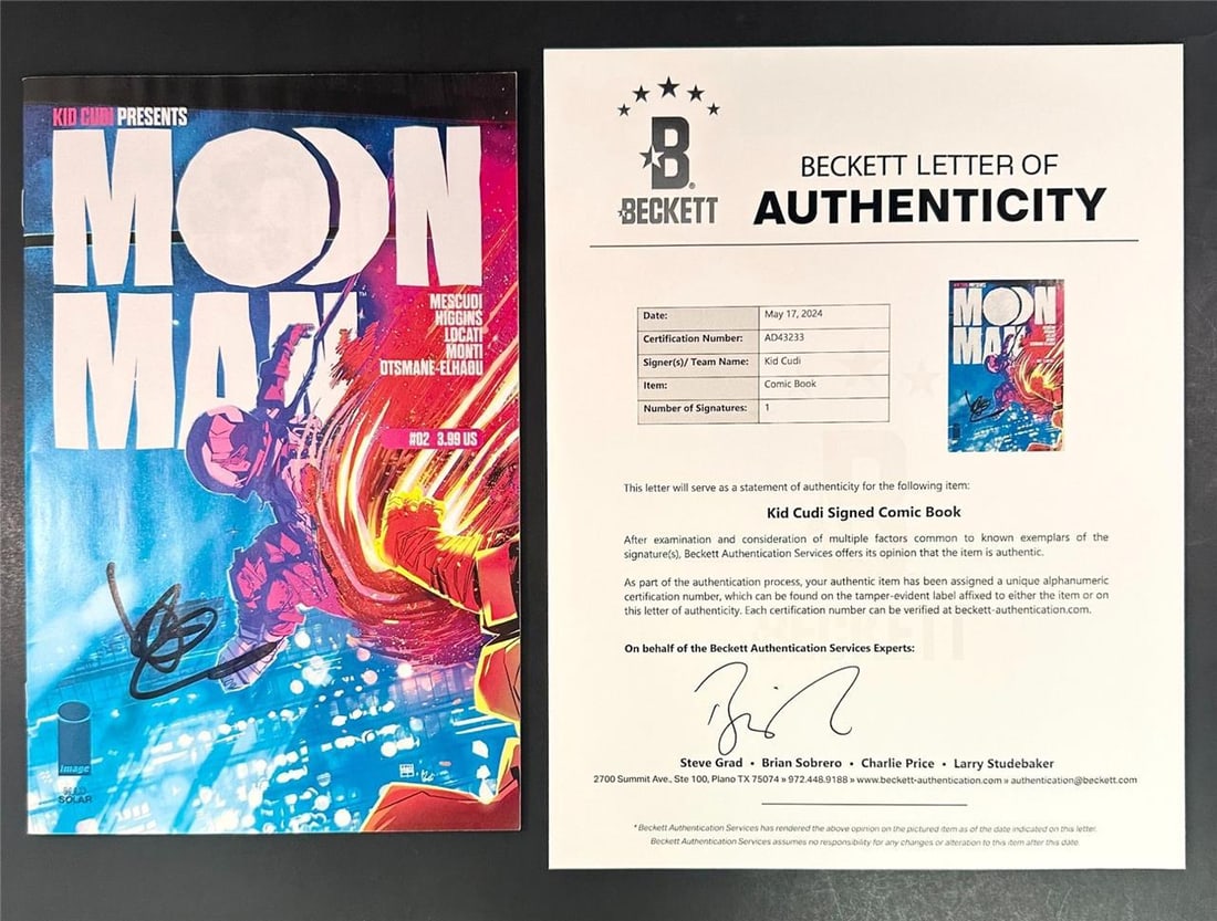 Kid Cudi Signed Moon Man Comic Book Issue #2 Beckett Authenticated: Kid Cudi Signed Moon Man Comic Book Issue #2 Beckett Authenticated This Kid Cudi signed Moon Man Comic Book Issue #2 Cover A features an authentic autograph verified by Beckett. The comic is in pre-ow