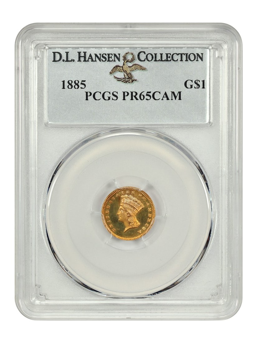 1885 G$1 Gold Dollar PCGS PR65CAM Gem Proof D.L. Hansen: 1885 G$1 Gold Dollar PCGS PR65CAM Gem Proof D.L. Hansen This 1885 Gold Dollar is a stunning example of numismatic artistry, certified by PCGS with a PR65CAM designation. With a mintage of only 1,105 p