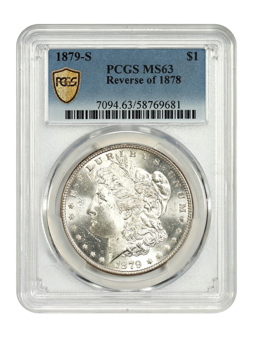 PCGS MS63 1879-S Morgan Silver Dollar Reverse of 1878 Scarce Top-100 VAM: PCGS MS63 1879-S Morgan Silver Dollar Reverse of 1878 Scarce Top-100 VAM This 1879-S Morgan Dollar is a scarce and desirable variety, featuring the Reverse of 1878. Graded MS63 by PCGS, this uncircula