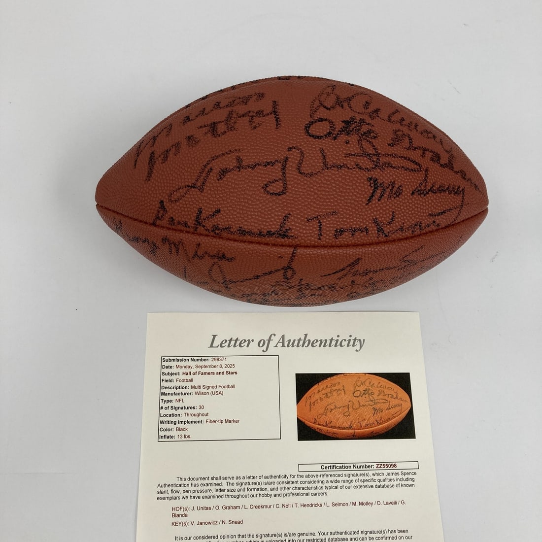 Hall Of Fame Football Multi Signed 30 Autographs JSA COA Unitas Janowicz: Hall Of Fame Football Multi Signed 30 Autographs JSA COA Unitas Janowicz This remarkable multi-signed football features the autographs of 30 legendary players, including Hall of Famers Johnny Unitas,