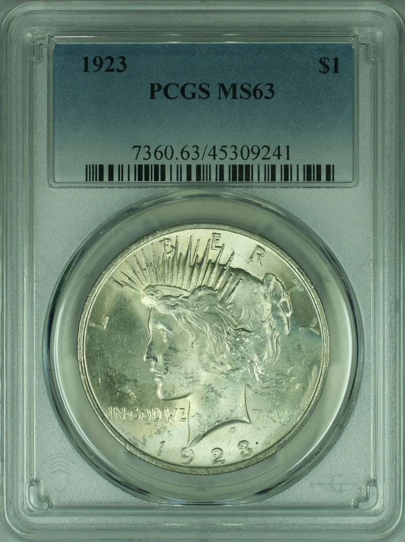 PCGS MS-63 1923 Peace Dollar Silver Coin from Philadelphia Mint: PCGS MS-63 1923 Peace Dollar Silver Coin from Philadelphia Mint This 1923 Peace Silver Dollar is certified by PCGS with a grade of MS-63. Minted in Philadelphia, it is composed of silver and is uncirc