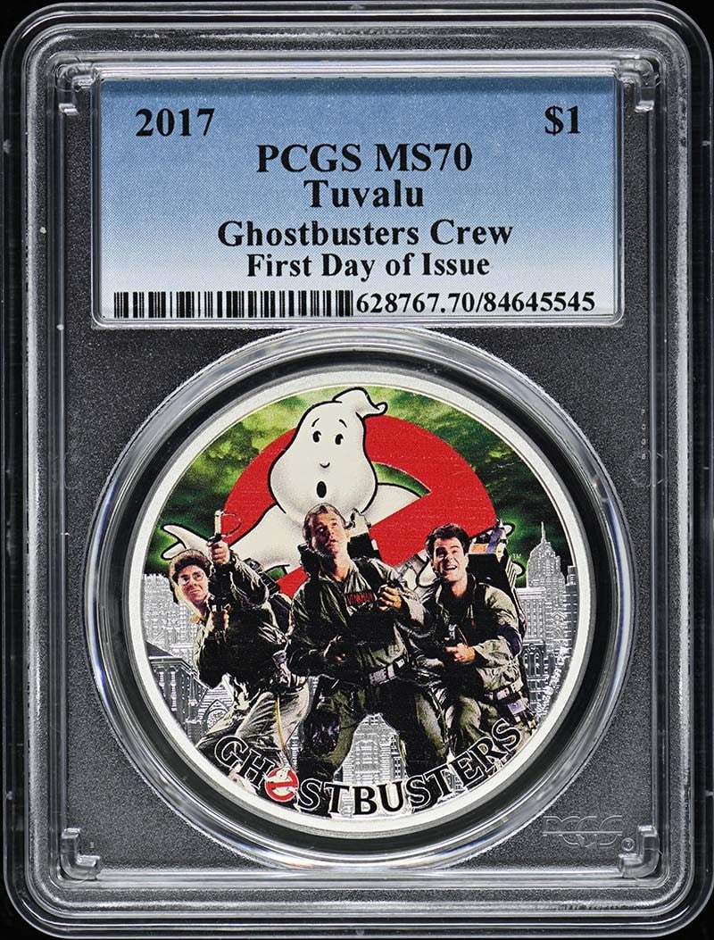 2017 Ghostbusters Crew $1 Tuvalu Coin PCGS MS70 First Day of Issue: 2017 Ghostbusters Crew $1 Tuvalu Coin PCGS MS70 First Day of Issue This 2017 $1 Ghostbusters Crew coin from Tuvalu is a remarkable collectible, certified by PCGS with a pristine MS70 grade. As an unci