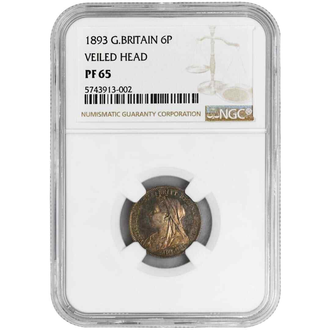1893 Great Britain 6 Pence NGC PF65 Veiled Head Rare Coin: 1893 Great Britain 6 Pence NGC PF65 Veiled Head Rare Coin This rare 1893 6 Pence coin from Great Britain features the Veiled Head design and has been certified by NGC with a grade of PF 65. A remarkab