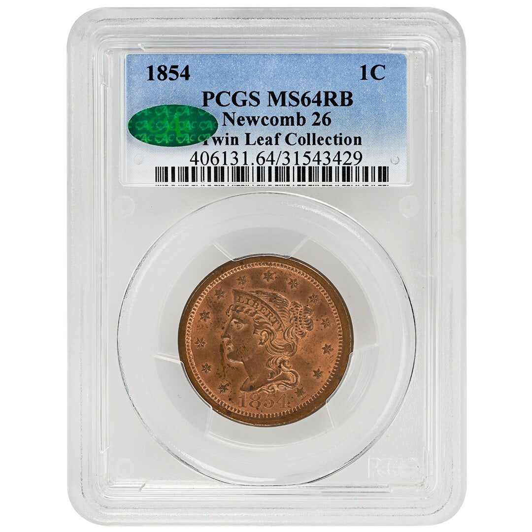 1854 1C Braided Hair Cent PCGS MS64RB Newcomb 26 Rare Coin: 1854 1C Braided Hair Cent PCGS MS64RB Newcomb 26 Rare Coin This stunning 1854 1C Braided Hair Cent is a remarkable addition for any coin collector. Struck at the Philadelphia mint, this uncirculated c