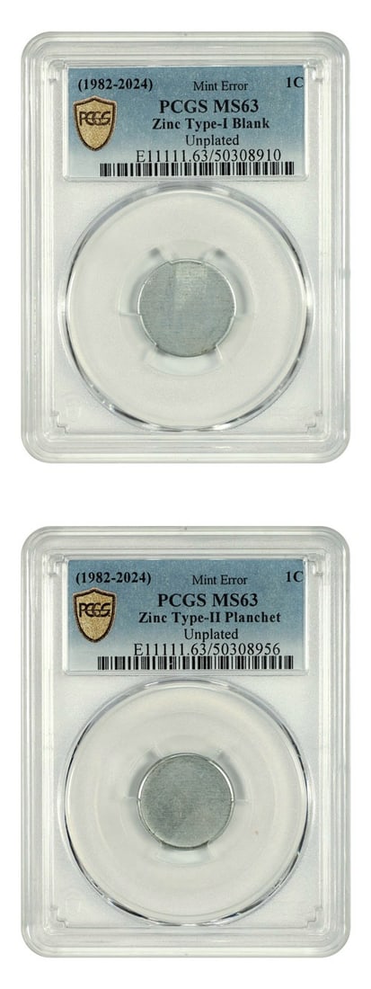 1982 Mint Error 1C PCGS MS63 Zinc Type 1 Blank & Type 2 Planchet: 1982 Mint Error 1C PCGS MS63 Zinc Type 1 Blank & Type 2 Planchet This offering features a unique and intriguing Mint Error set consisting of a 1982 1C coin graded PCGS MS63. The set includes one Type