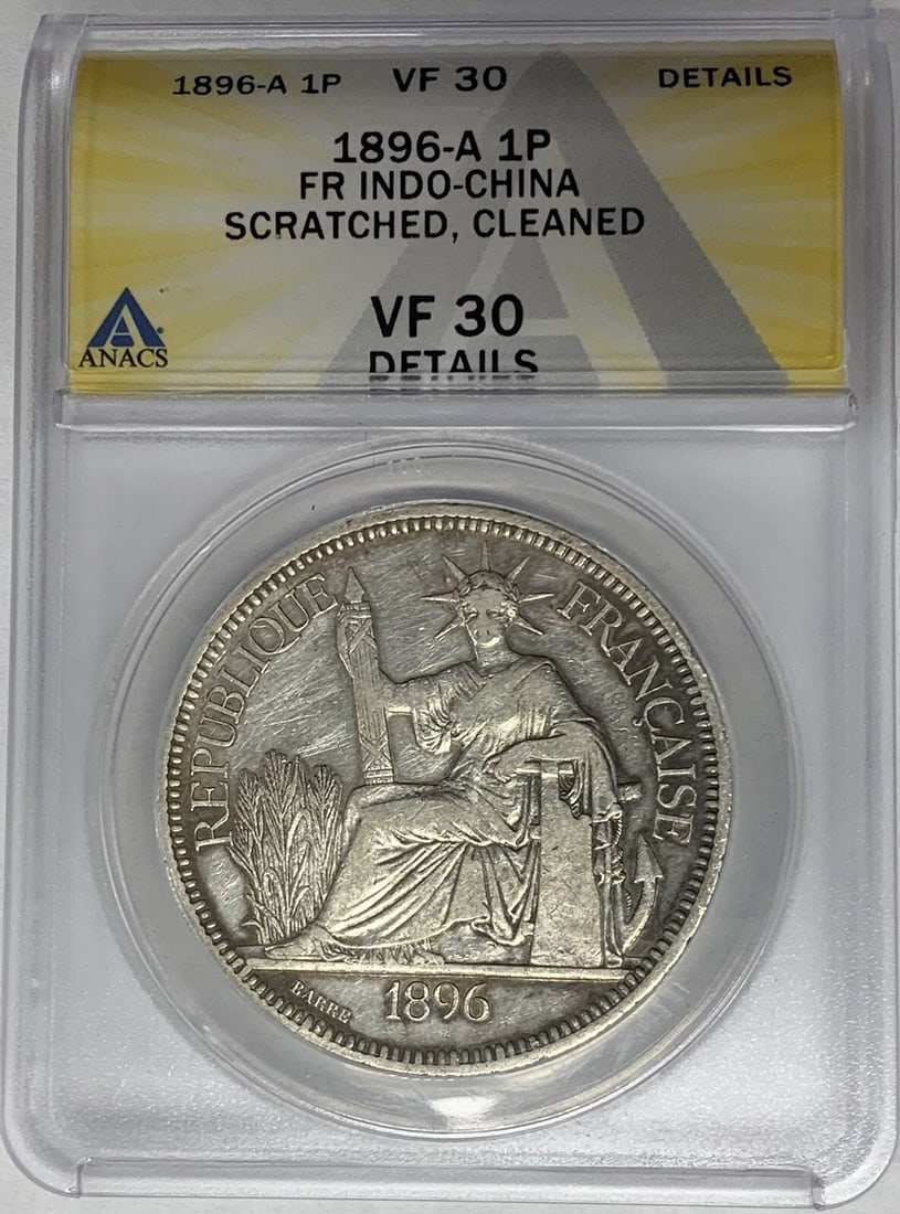 Silver 1896-A Indo China 1 Piastre Coin Graded VF 30 by ANACS: Silver 1896-A Indo China 1 Piastre Coin Graded VF 30 by ANACS This 1896-A Indo China 1 Piastre coin is composed of silver and certified by ANACS with a VF 30 grade. It is a pre-owned collectible from