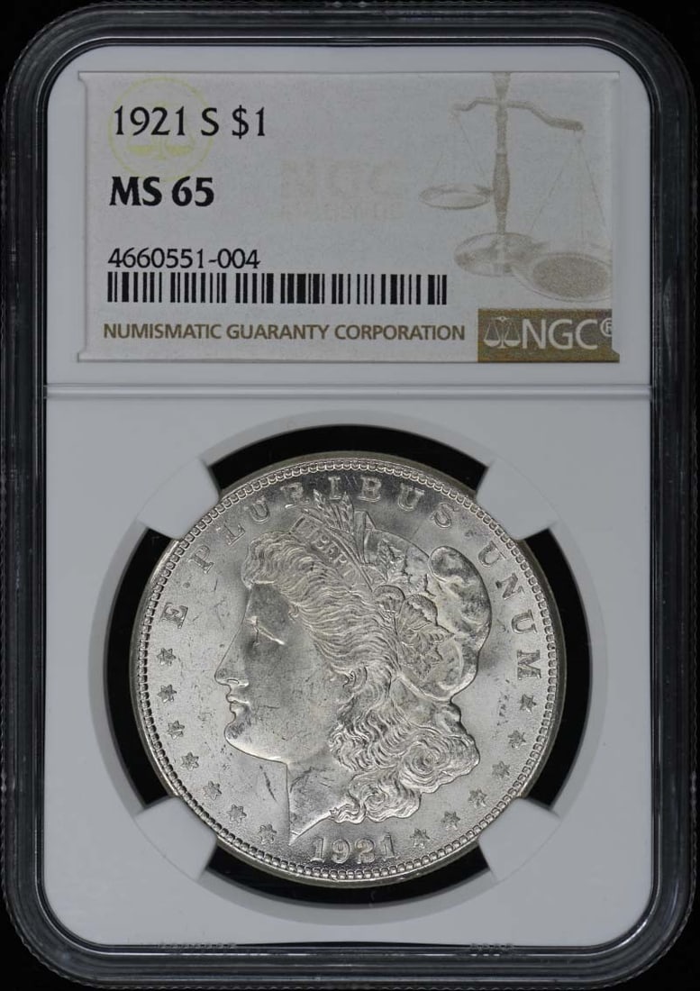 1921-S Morgan Dollar NGC MS65 Uncirculated Coin: 1921-S Morgan Dollar NGC MS65 Uncirculated Coin This stunning 1921-S Morgan Dollar is certified by NGC with a grade of MS65, indicating it is in uncirculated condition. Minted in San Francisco, this p