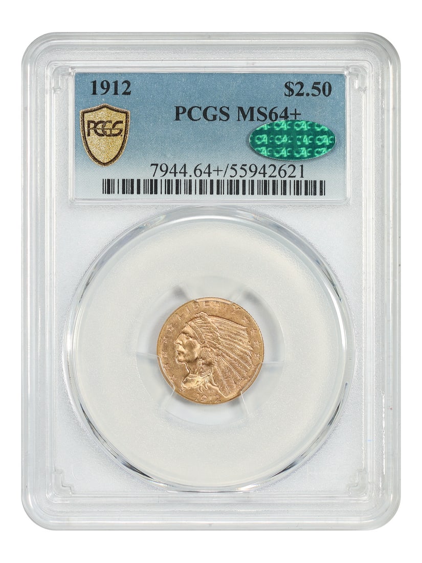 1912 Indian $2.50 Gold Coin PCGS CAC MS64 Plus Philadelphia: 1912 Indian $2.50 Gold Coin PCGS CAC MS64 Plus Philadelphia This 1912 Indian $2.5 gold coin is graded MS64+ by PCGS and recognized by CAC for its exceptional quality. Struck at the Philadelphia Mint,