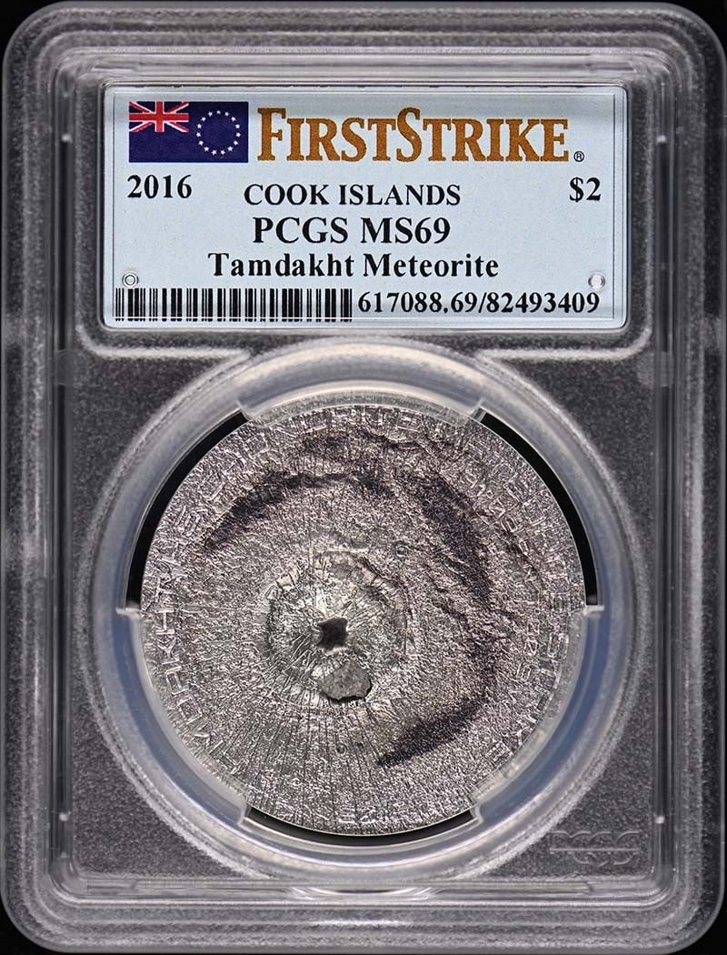 2016 Cook Islands $2 Tamdakht Meteorite Coin PCGS MS69 Uncirculated: 2016 Cook Islands $2 Tamdakht Meteorite Coin PCGS MS69 Uncirculated This 2016 Cook Islands $2 Tamdakht Meteorite coin is a stunning collectible that showcases a unique piece of celestial history. Grad