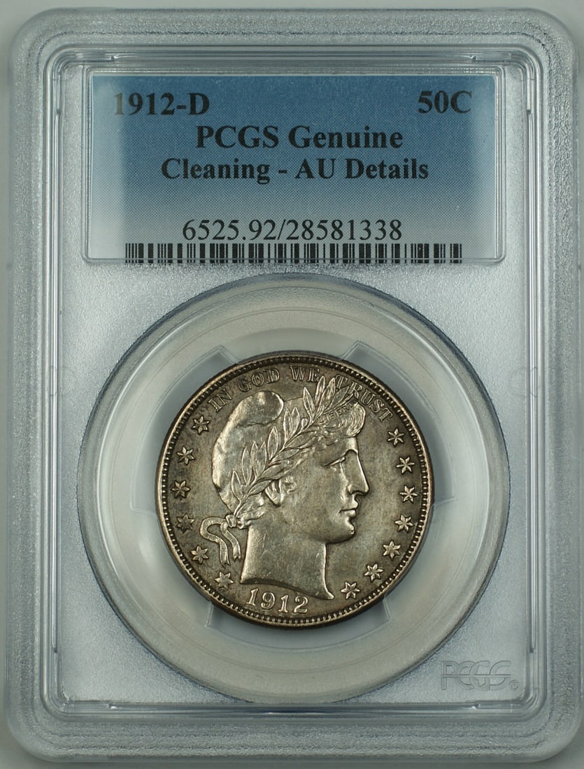 PCGS Certified 1912-D Barber Half Dollar Silver AU Details Cleaned: PCGS Certified 1912-D Barber Half Dollar Silver AU Details Cleaned This is a 1912-D Barber Silver Half Dollar graded by PCGS as AU Details (Cleaning). Minted in Denver, this circulated coin is compose
