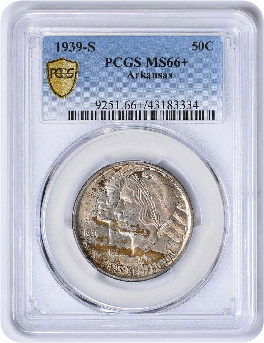 1939-S Arkansas Commemorative Half Dollar MS66+ PCGS 90% Silver Limited Mintage: 1939-S Arkansas Commemorative Half Dollar MS66+ PCGS 90% Silver Limited Mintage This 1939-S Arkansas Commemorative Half Dollar is a stunning piece of numismatic history, certified by PCGS with a remar