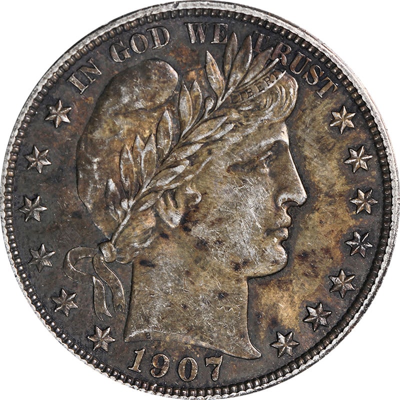 1907-D Barber Half Dollar Silver Choice AU/BU Strong Strike: 1907-D Barber Half Dollar Silver Choice AU/BU Strong Strike The 1907-D Barber Half Dollar features a striking design with exceptional eye appeal, showcasing nice luster and a strong strike. The coin e